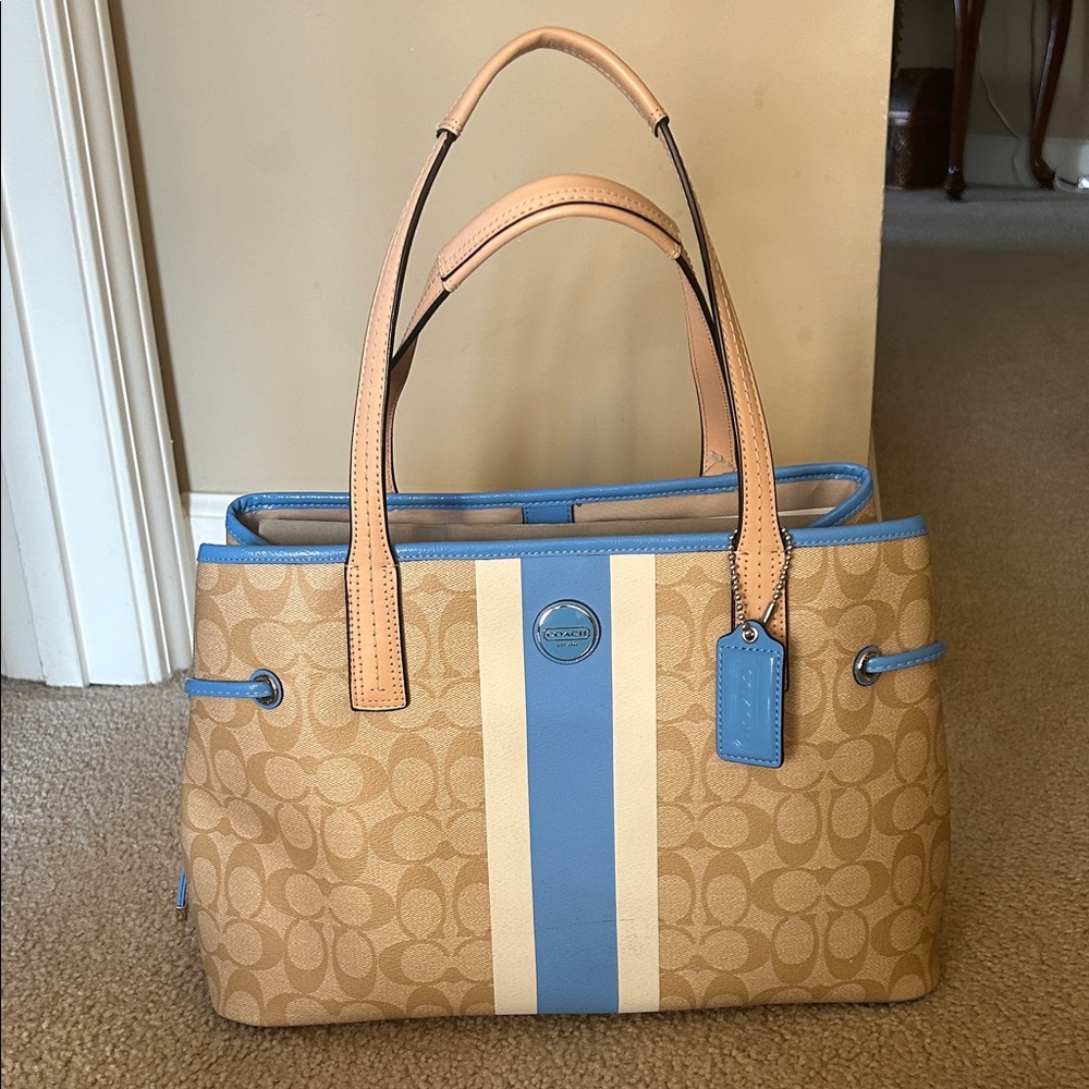 Coach Beige and Blue Stripe Tote